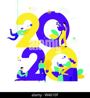 Illustration for the New Year 2020. Vector. People work around numbers. Businessmen celebrate Christmas. Employees in the office are going to celebrat Stock Vector