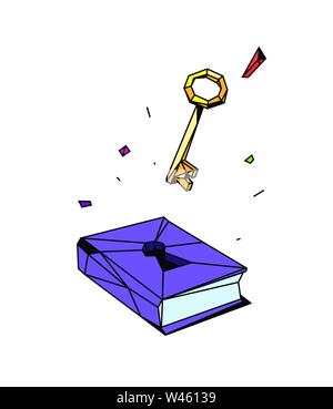 Illustration of a closed book and key. Vector. Flat style. Illustration for poster, print and website. The discovery of new knowledge. Tutorial. Stock Vector