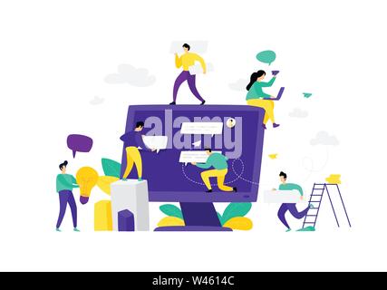 Illustration of a monitor with chat messages. Vector. Flat style. Mocap, web template. The team of employees communicates in chat rooms and messengers Stock Vector