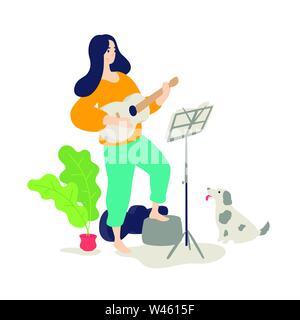 Illustration of a girl playing an acoustic guitar. Vector. Flat cartoon style. Music lessons. The dog listens to the game of the hostess on a musical Stock Vector