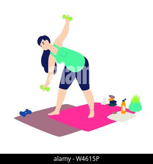 A pregnant woman doing gymnastics. Vector. Flat cartoon style. Sports lessons at home. Expectant mother practices yoga. Healthy lifestyle. Online spor Stock Vector