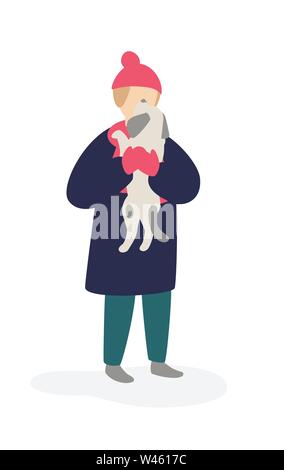 Illustration of a girl playing with a dog. Vector. Girl teenager in a coat and hat holding a dog. Flat cartoon style. Pet for a walk. The relationship Stock Vector