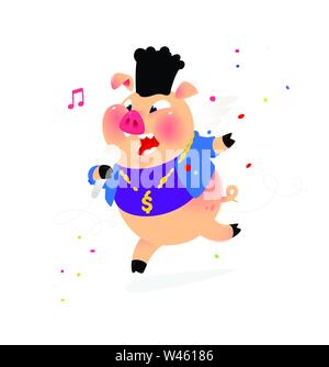 Illustration of a pig with a microphone. Vector. Hip-hop performer of popular songs in a pig costume. Mascot for music club, cafe, karaoke. Bright car Stock Vector