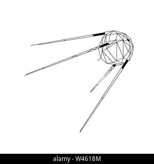 Contour illustration of a satellite of the earth. Vector. Flat outline style. Soviet space artificial satellite. Low poly technique. Vintage illustrat Stock Vector