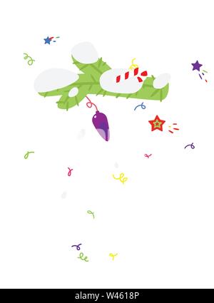 Illustration of fir branch, with snow and new year toys. Vector. Cartoon flat style. Decorative christmas element for design layouts. Stock Vector