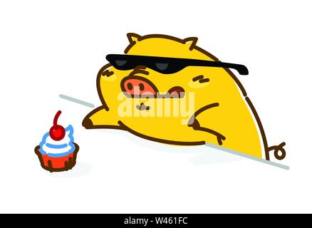 Illustration of a fat cute pig in sunglasses. Vector. Flat style. The pig is trying to steal the cake. Character for the candy store. Internet meme. Stock Vector