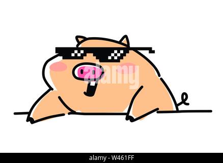 Illustration of a fashionable pig in pixel glasses. Vector. Flat style. Character for animation. Comic web postcard. Stock Vector