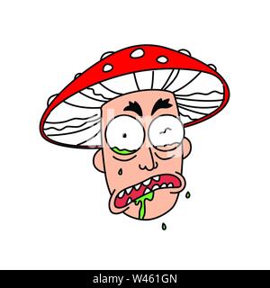Illustration of a madman in a mushroom hat. Vector. Flat outline style. Cartoon, funny patient. Avatar of a man who admired mushrooms. Stock Vector