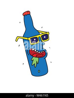 A bottle of beer in yellow glasses. Vector. Flat style. Cheerful character for a party. Logo, mascot alcohol shop. Illustration of a bottle of wine, f Stock Vector