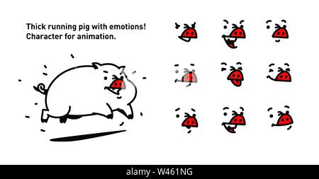 Illustration of a cartoon pig. Vector. Flat outline style. For true connoisseurs of animation. Running fat little pork. A set of emotions for a face. Stock Vector