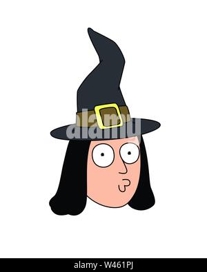 Funny witch head in the hat. Vector. Flat style. Merry witch for helloun. Party logo sticker. Stock Vector