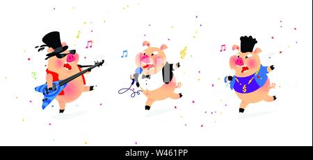 Illustration of three cheerful pigs musicians. Vector. Flat style. Pig rock musician, pig pop singer. Candy and holiday. Characters for karaoke and sh Stock Vector