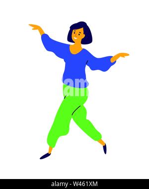 Cheerful dancing girl rejoices life. Vector. Illustration of a laughing young woman. Character for the dance studio. Image is isolated on a white back Stock Vector
