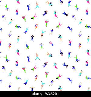 A pattern of dancing people in different poses and emotions. Vector. Illustrations of bright men and women. Flat style. Ornament for fabric and textil Stock Vector