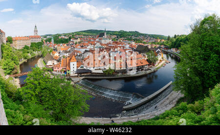 Aerial view of Cesky Krumlov city in Czech Republic with canal in summer Stock Photo