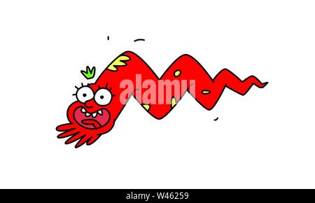 The letter M in the form of a character little worm. Vector. Flat outline style. Logo for the company. Latin letter. Company logo. Funny red snake cha Stock Vector