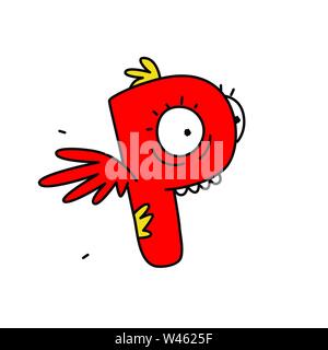 The letter P in the form of a character with wings. Vector. Flat outline style. Logo for the company. Latin letter. Company logo. Funny red character. Stock Vector