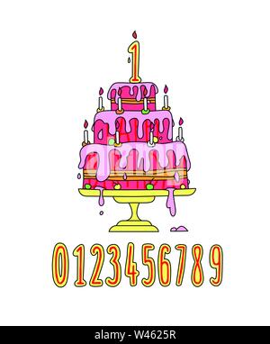 Illustration of a festive pink cream cake. Vector. Candle Numbers Cartoon style. A set of birthday decorations. Funny picture. Stock Vector