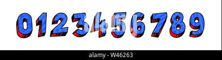 Bright, funny numbers. Vector. Linear, contour, volume numbers. Isometry, 3D. Font for design projects. All signs are separate. Cartoon style. Circus Stock Vector