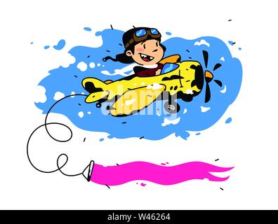 Illustration of a flying boy pilot on a plane. Vector. Postcard, congratulations, flyer layout. Cartoon style. The young pilot opens new horizons. Pic Stock Vector