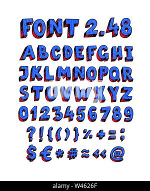 Blue English font. Vector. Linear, contour letters. Volumetric figures, symbols. Font for ingenious design projects. Full set of letters and numbers. Stock Vector