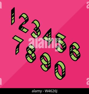 Bright English font. Vector. Linear, contour, volumetric numbers. Isometry, 3D. Font for ingenious design projects. All signs are separate. Cartoon st Stock Vector
