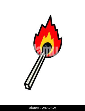 An ordinary match icon. Vector. Flat outline style. One burning wooden match. Cartoon illustration. Bright flame. Symbol of arsonists and fire fightin Stock Vector