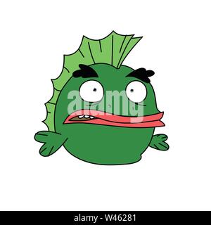 Funny green fish character. Vector. Flat style. Frog with a hare. Cartoon amphibian. Hero mascot for a pet shop. Stock Vector