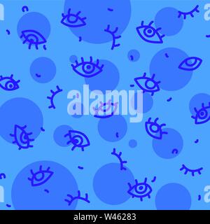 Decorative pattern with eyes on a blue background. Vector. Blue ornament, background. Cartoon cheerful style. A set of scenery. Open and closed eyes w Stock Vector