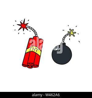Explosives icons. Vector. Weapons of terrorists. Cartoon style. Bomb and dynamite. Stock Vector