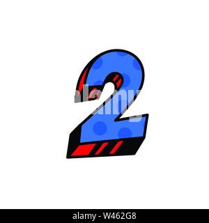Figure 2 in cartoon style. Vector. Dark blue linear, contour figures with blue fill. Bright thick Arabic numerals. Bulk numbers. Patterned fill. Stock Vector