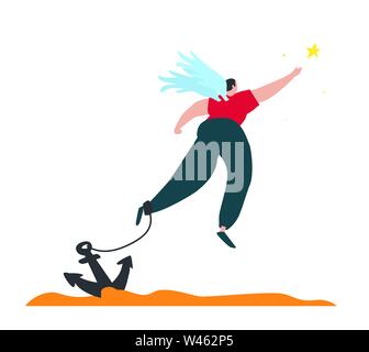 Illustration of a chained flying angel with a star. Vector. A man with wings chained to an anchor. Illustration for animation, banner or website. The Stock Vector