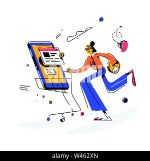 Girl makes a purchase, illustration. Vector. The buyer on the phone carries a new phone. Purchaser of goods. Online order. Delivery of goods. Chat, ch Stock Vector