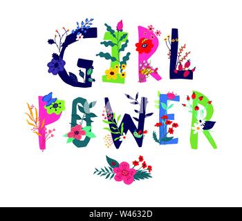 Inscription Girl Power, surrounded by flowers. Vector. Illustration in cartoon style. Motivational slogan as an image of nature. Banner, invitation to Stock Vector