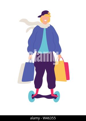Illustration of a guy on a scooter with purchases. Vector. Positive flat illustration in cartoon style. Discounts and sales. Happy shopaholic shopping Stock Vector