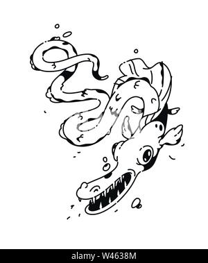 Illustration of an evil cartoon fish. Vector. Linear drawing for a tattoo. Corporate mascot for the company. Illustration for t-shirt. Stock Vector