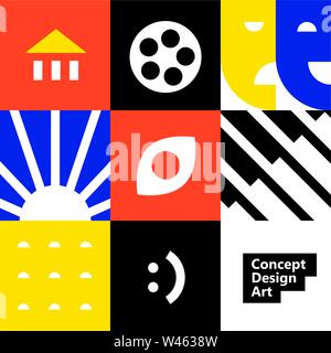 Illustration of a pattern of icons. Vector. Concept types of art: cinema, music, theater, architecture, etc. Layout for design solutions. Abstract min Stock Vector
