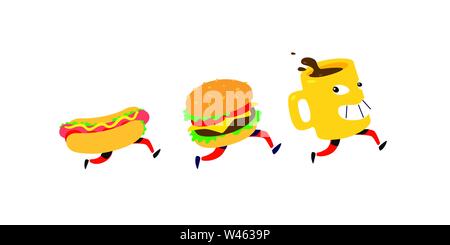 Characters hamburger, hot dog, coffee mug. Vector. Logos for fast food. Funny illustration for food delivery. Cartoon badges, emblems for restaurant a Stock Vector