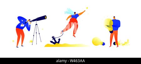 Illustrations on the topic of business. Vector. Metaphoric situations in business. Finding solutions, dreams and creative ideas. Stock Vector