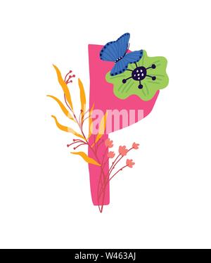 Illustration of the letter P in plants and flowers. Vector. Monogram for banner, greeting card. Composition of bouquets and plants, herbarium. Cartoon Stock Vector