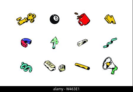 Business icons. Vector. Mug with coffee. Decorative items. Golden key, lightning, magnet, ball. Cartoon signs, symbols. Stock Vector