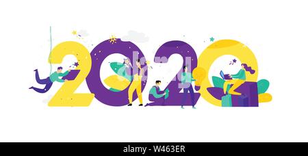 Illustration for the New Year 2020. Vector. People work around numbers. Businessmen celebrate Christmas. Employees in the office are going to celebrat Stock Vector