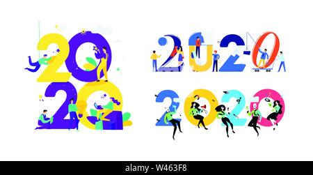 Illustrations for the new year 2020. Vector. People work around numbers. Businessmen celebrate Christmas. Advertisers in going to celebrate. Flat styl Stock Vector