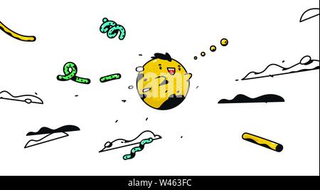 Yellow round monster character. Vector. Flying cute mascot with decorative elements. Stock Vector