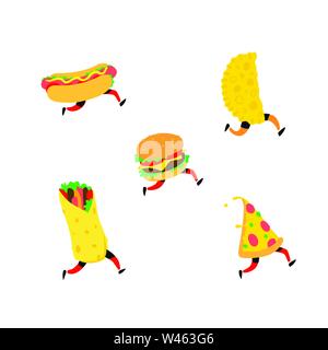 Fast food illustration. Vector. Characters hamburger, pizza, hot dog, shawarma, cheburek. Items for the menu. Tasty food. Stock Vector