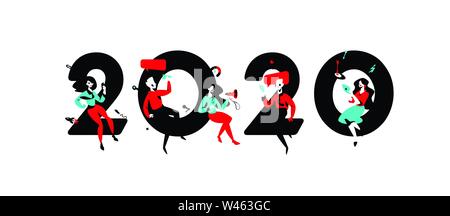Illustration for the new year 2020. Vector. People work around numbers. Businessmen celebrate Christmas. Advertisers in going to celebrate. Flat style Stock Vector