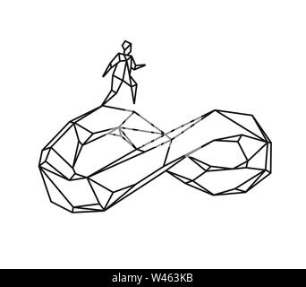 Low poly illustration of a little man walking along an infinity sign. Vector. Outline drawing. Retro style. Background, symbol, emblem for the interio Stock Vector