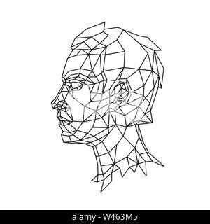 Low poly illustration of a man's head in profile. Vector. Outline drawing. Retro style. Background, symbol, emblem for the interior. Business metaphor