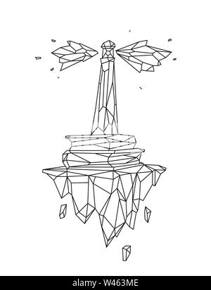 Low poly illustration of a lighthouse on an aerial island. Vector. Outline drawing. Retro style. Background, symbol, emblem for the interior. Business Stock Vector