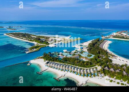 Drone shot, Olhuveli Beach Resort with water bungalows in the lagoon, Olhuveli, South Male Atoll, Maldives Stock Photo